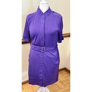 Black Saks Fifth Avenue Purple Belted Dress Size 12 Mock Neck Sheath Stretch